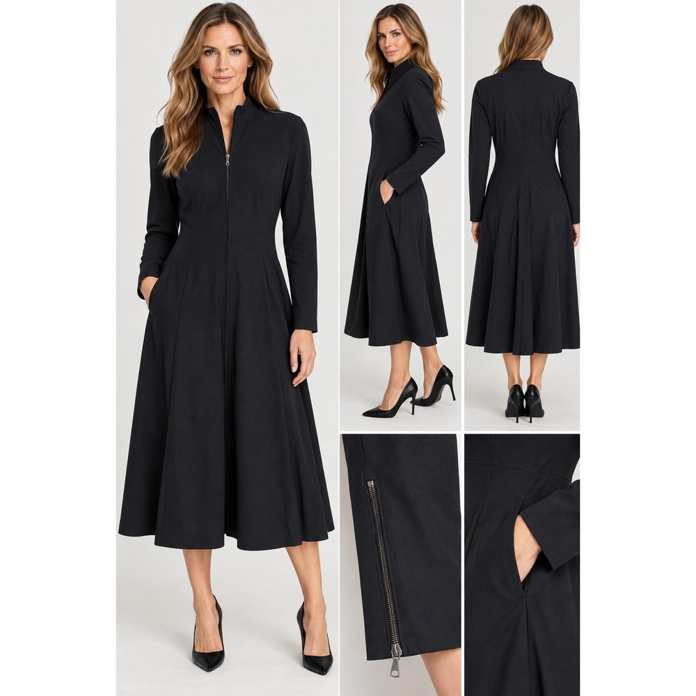 M2057 Maria Pinto Black Full Zip Midi Dress XL Stretch A-Line Made USA